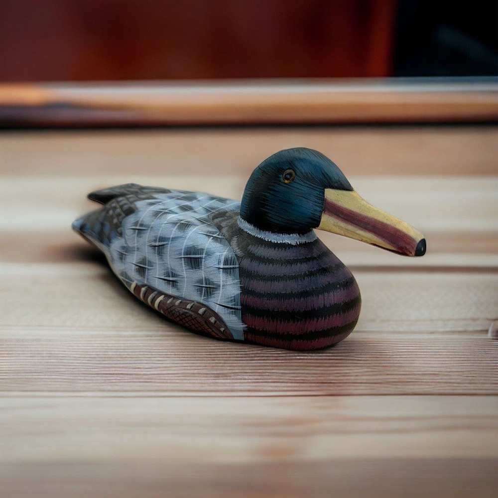 Vintage Wooden Hand Carved Painted Duck Decoy‎ Yellow Beak Stripe Breast *SEE